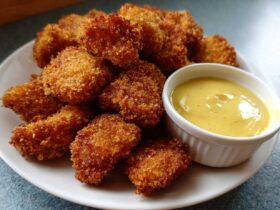 A plate piled high with golden brown Crispy Chicken Nuggets next to a small white bowl of bright yellow honey mustard dip.