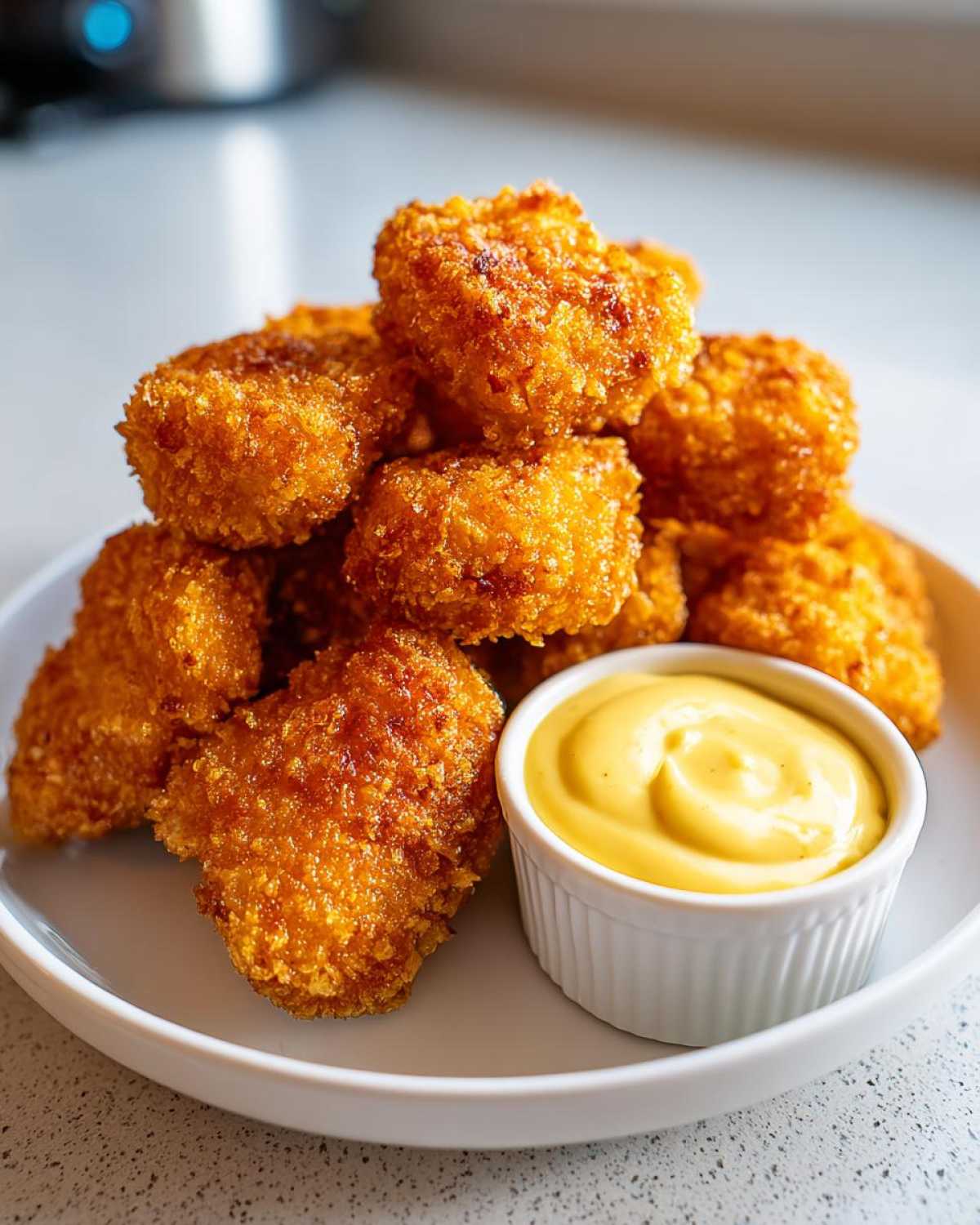A pile of golden brown Crispy Chicken Nuggets with Honey Mustard Dip served on a white plate.
