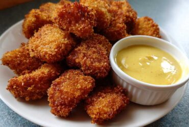 A plate piled high with golden brown Crispy Chicken Nuggets next to a small white bowl of bright yellow honey mustard dip.
