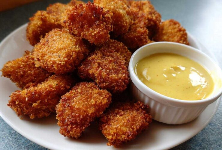 A plate piled high with golden brown Crispy Chicken Nuggets next to a small white bowl of bright yellow honey mustard dip.