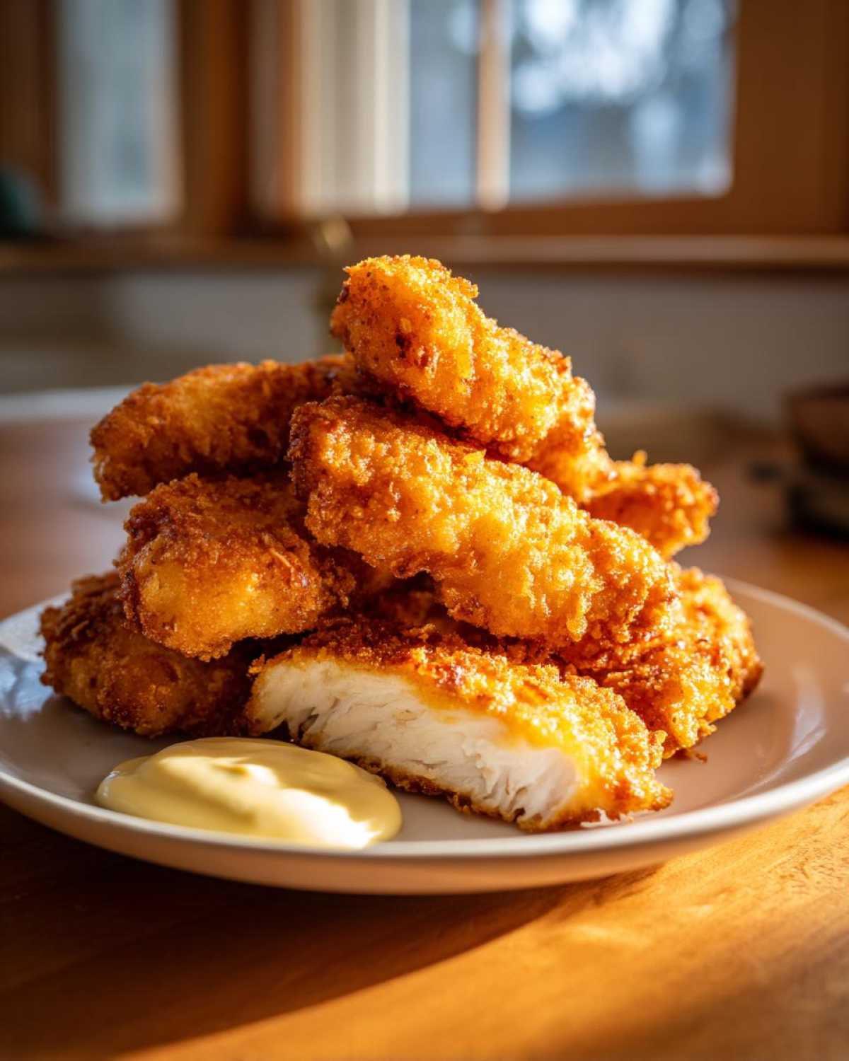A stack of golden brown Crispy Chicken Tenders on a white plate next to a dollop of creamy dip.