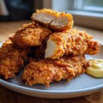 A stack of golden brown Crispy Chicken Tenders on a plate next to a dollop of creamy Garlic Parmesan Dip.