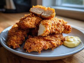 A stack of golden brown Crispy Chicken Tenders on a plate next to a dollop of creamy Garlic Parmesan Dip.