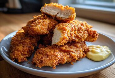A stack of golden brown Crispy Chicken Tenders on a plate next to a dollop of creamy Garlic Parmesan Dip.
