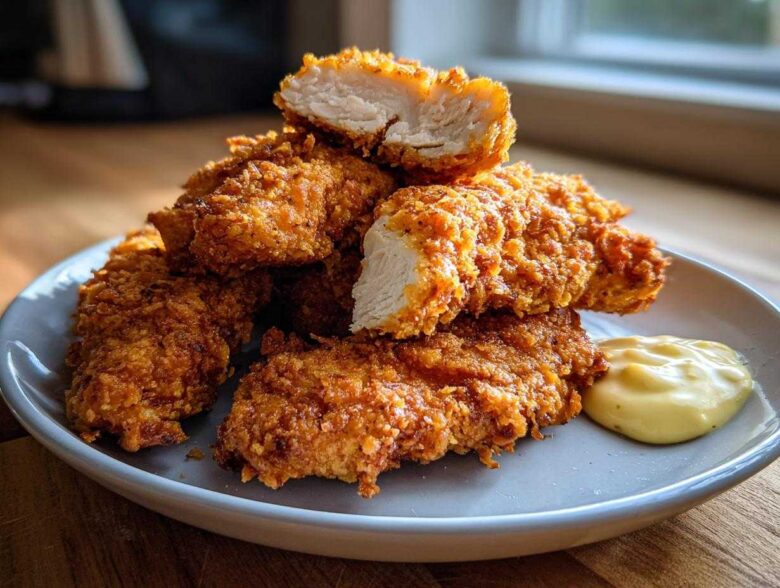 A stack of golden brown Crispy Chicken Tenders on a plate next to a dollop of creamy Garlic Parmesan Dip.