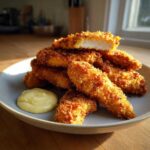 A stack of golden, crispy chicken tenders served with a dollop of creamy Garlic Parmesan Dip on a light plate.