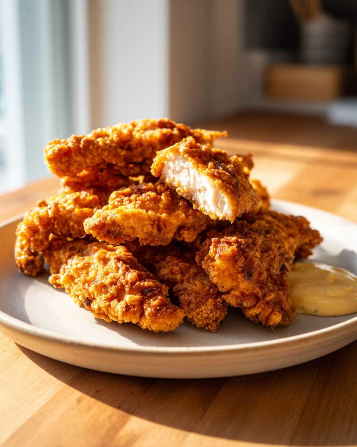 A pile of golden brown Crispy Chicken Tenders with one piece broken open to show the white meat inside, served with a side of dipping sauce.