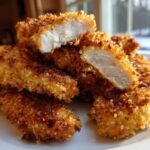 Close-up of Crispy Oven Baked Chicken Tenders, one piece cut open revealing the juicy white meat inside.