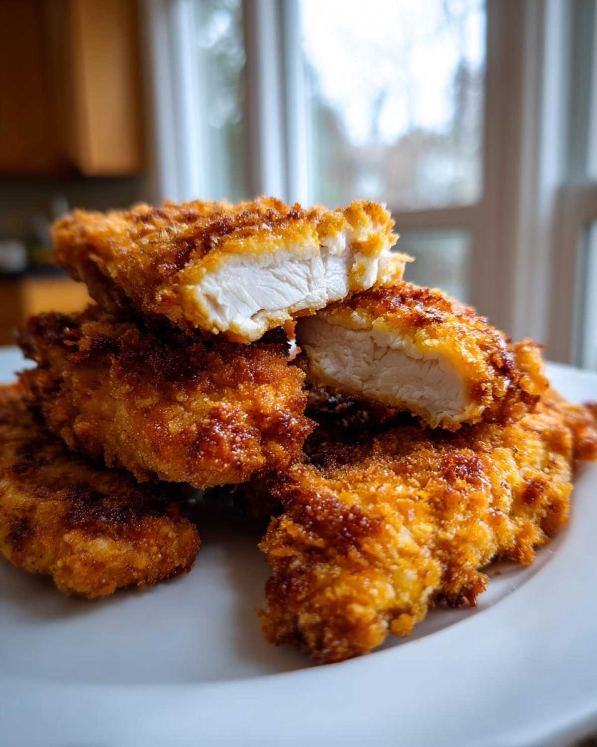 A stack of golden brown Crispy Oven Baked Chicken Tenders, with one cut open showing the juicy white meat inside.