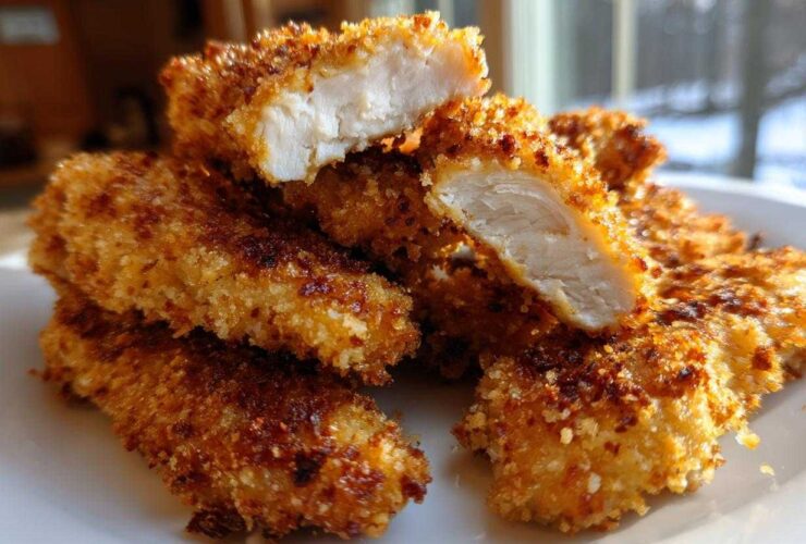 Close-up of Crispy Oven Baked Chicken Tenders, one piece cut open revealing the juicy white meat inside.