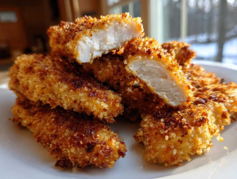 Close-up of Crispy Oven Baked Chicken Tenders, one piece cut open revealing the juicy white meat inside.