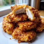 A stack of golden brown, crispy oven baked chicken tenders extra juicy, with one piece cut open showing the moist white meat inside.