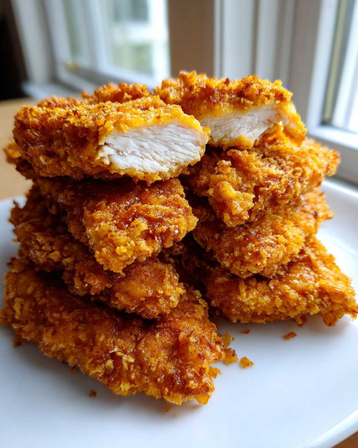 A stack of golden brown Crispy Oven Baked Chicken Tenders, one piece cut open showing the juicy white meat inside.