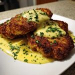 Two golden-brown Crispy Parmesan Chicken Cutlets smothered in a rich, yellow creamy sauce and sprinkled with fresh parsley.