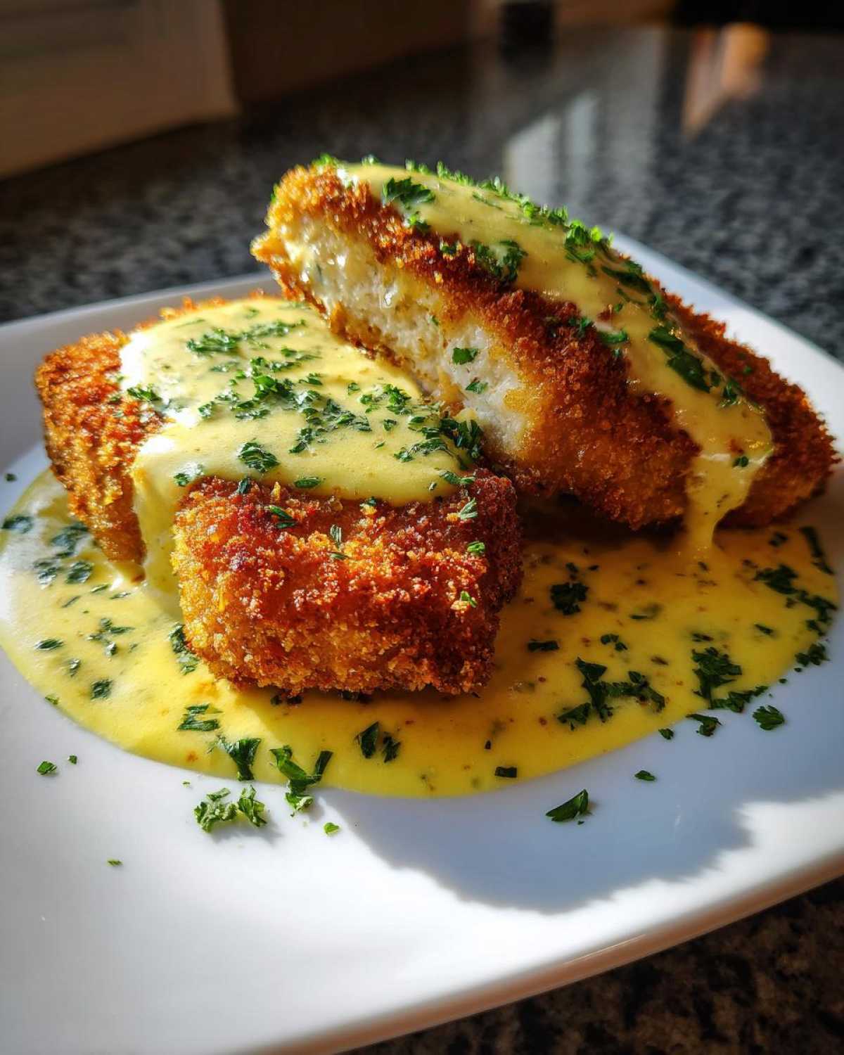 Two pieces of Crispy Parmesan Chicken Cutlets covered in a rich, yellow creamy sauce and sprinkled with fresh parsley.
