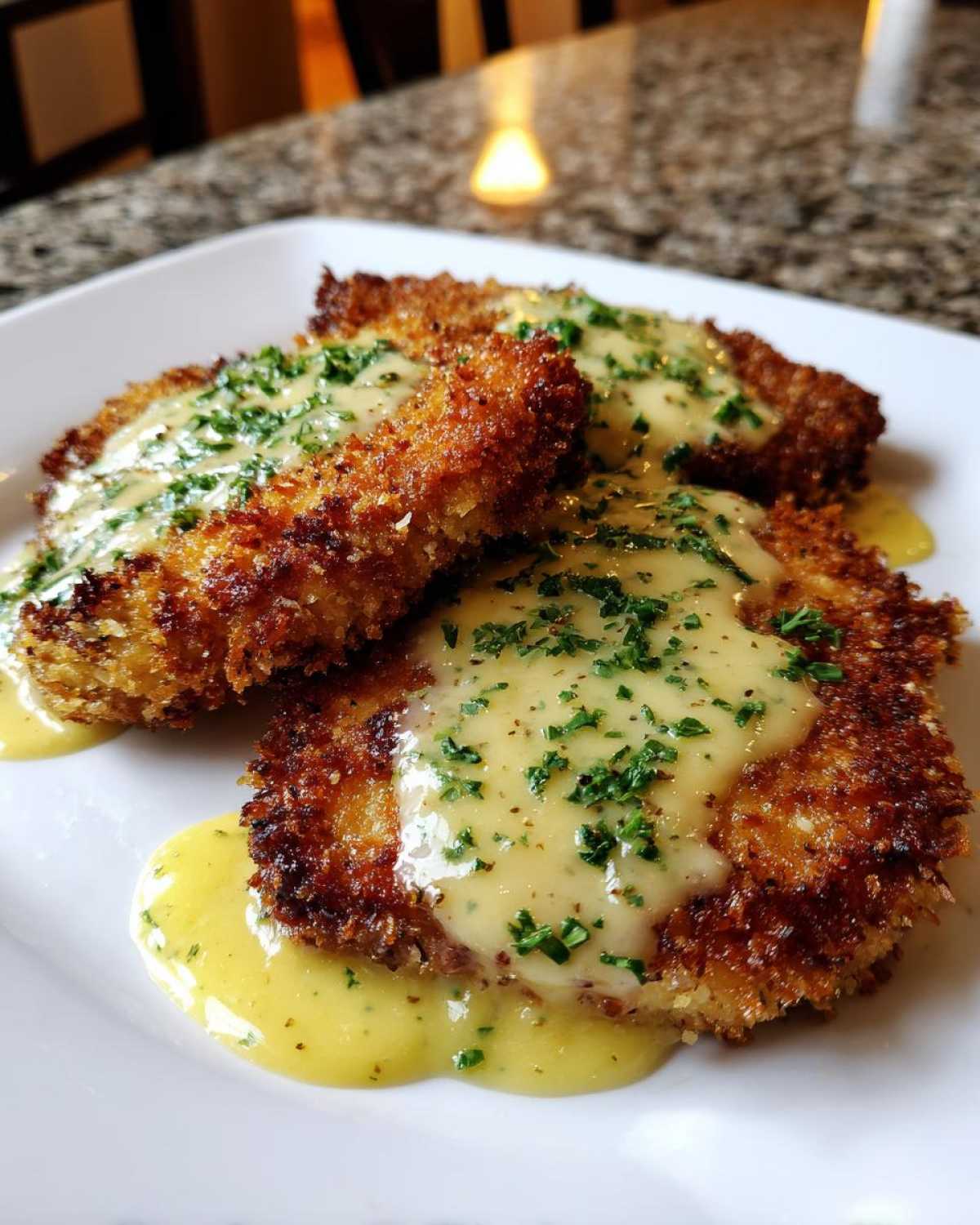 Three golden brown Crispy Parmesan Chicken Cutlets generously topped with a creamy yellow sauce and fresh parsley.
