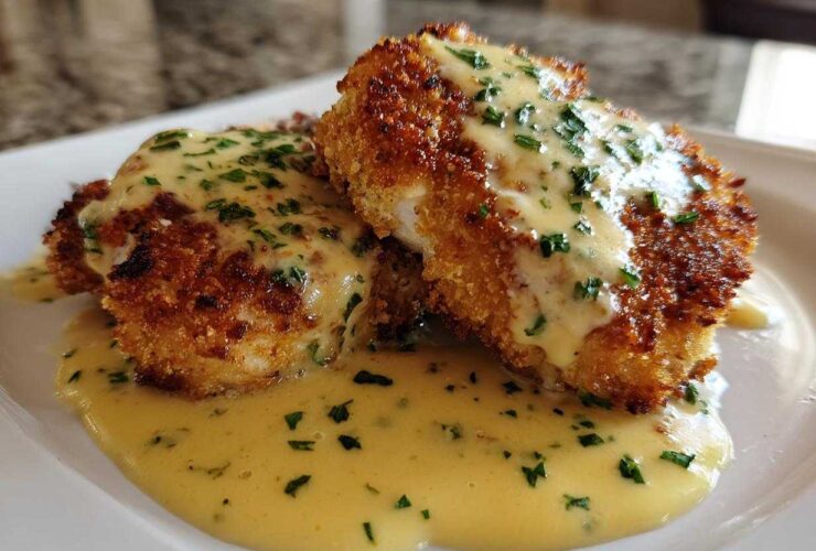 Two golden brown Crispy Parmesan Chicken Cutlets smothered in a rich, creamy sauce and topped with fresh parsley.