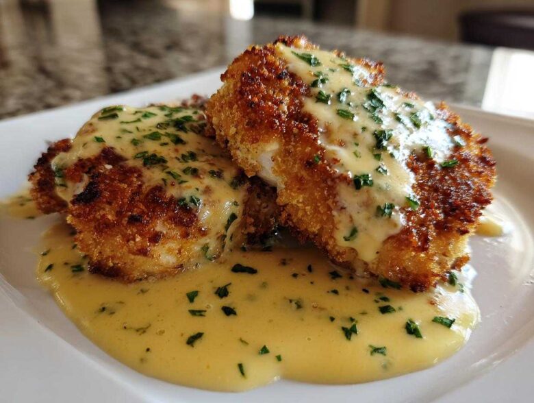 Two golden brown Crispy Parmesan Chicken Cutlets smothered in a rich, creamy sauce and topped with fresh parsley.