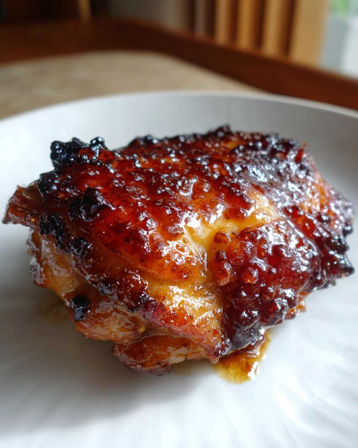 Close-up of a perfectly cooked Honey Garlic Chicken Thighs with a dark, glossy, and crispy caramelized skin.