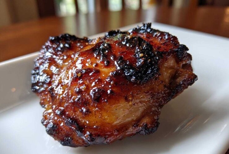 Close-up of a perfectly cooked Honey Garlic Chicken Thighs with dark, glossy, crispy skin.