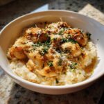 A close-up of Garlic Butter Chicken and Rice One Pot Dinner served in a white bowl, topped with parsley and Parmesan.