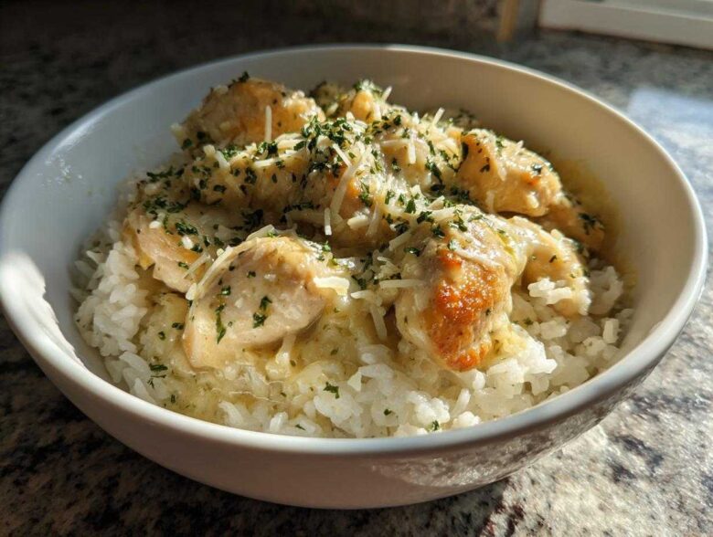Close-up of Garlic Butter Chicken and Rice One Pot Dinner topped with grated cheese and parsley.