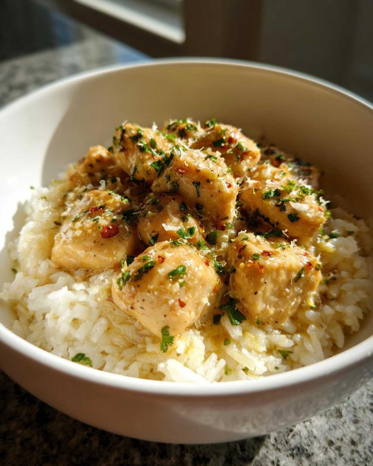 Close-up of tender chicken pieces coated in garlic butter sauce served over white rice, garnished with parsley for a Garlic Butter Chicken and Rice One Pot Dinner.