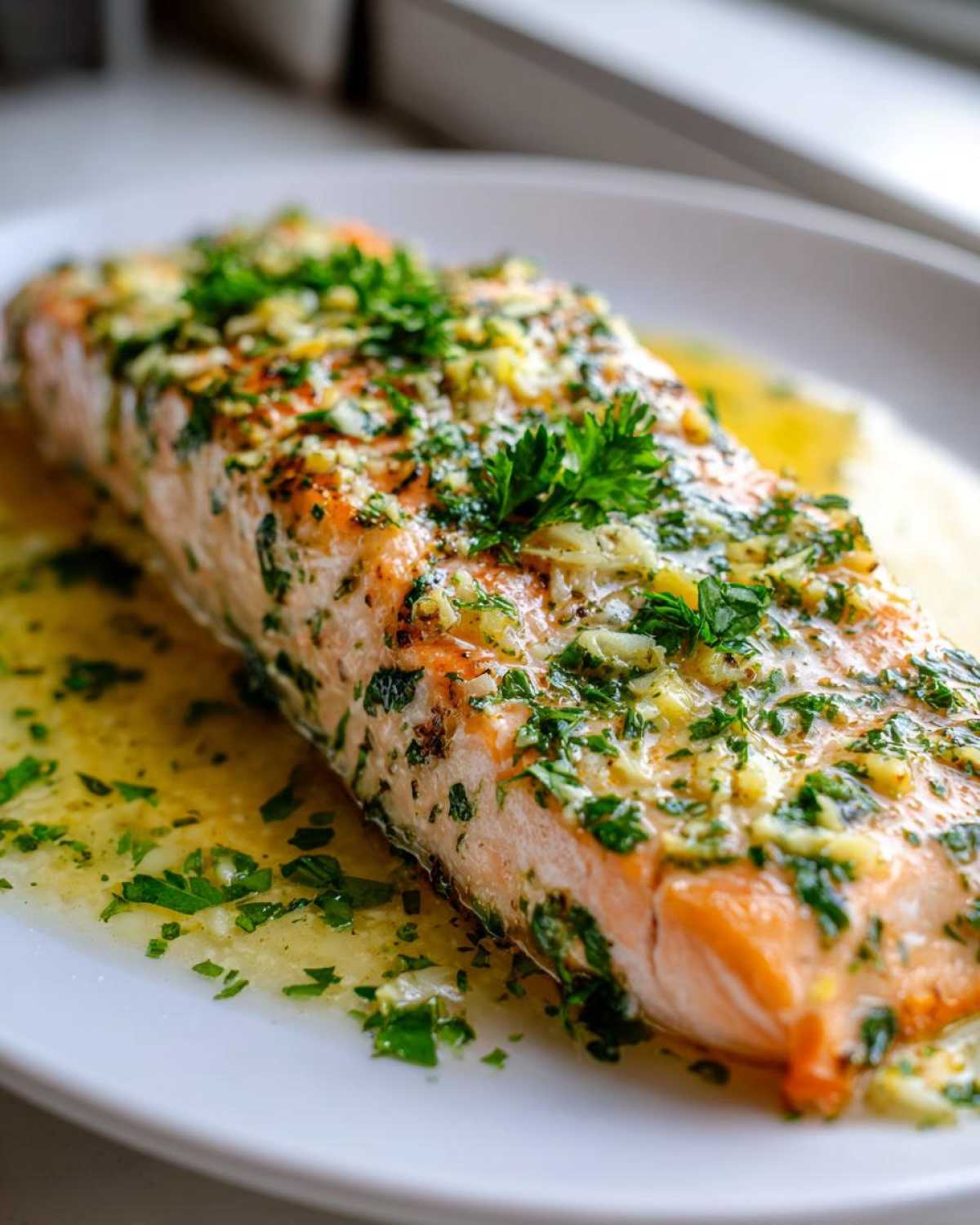Close-up of a perfectly cooked fillet of Garlic Butter Salmon with Lemon Garlic Sauce, topped with herbs.