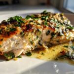 Close-up of flaky, perfectly cooked Garlic Butter Salmon with Lemon Garlic Sauce drizzled on a white plate.