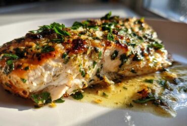 Close-up of flaky, perfectly cooked Garlic Butter Salmon with Lemon Garlic Sauce drizzled on a white plate.