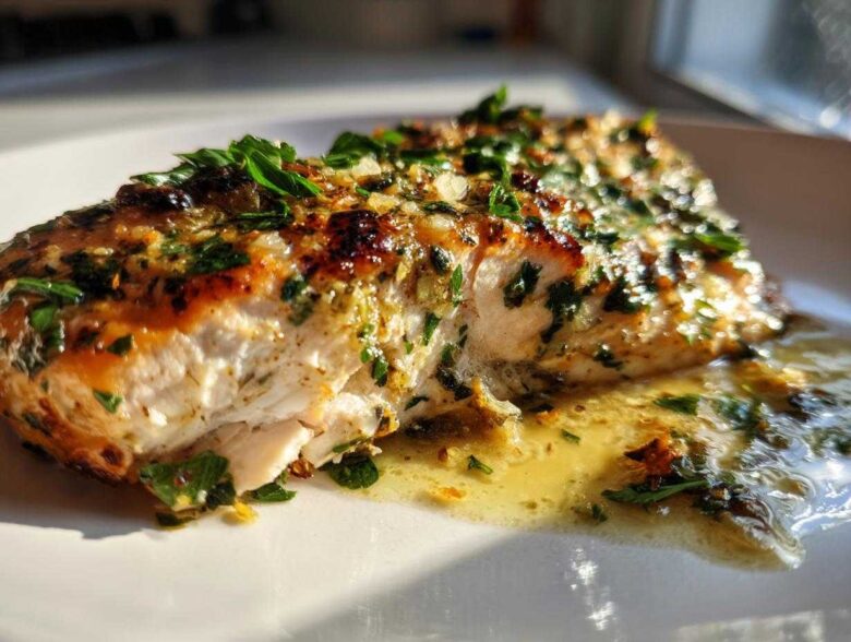 Close-up of flaky, perfectly cooked Garlic Butter Salmon with Lemon Garlic Sauce drizzled on a white plate.