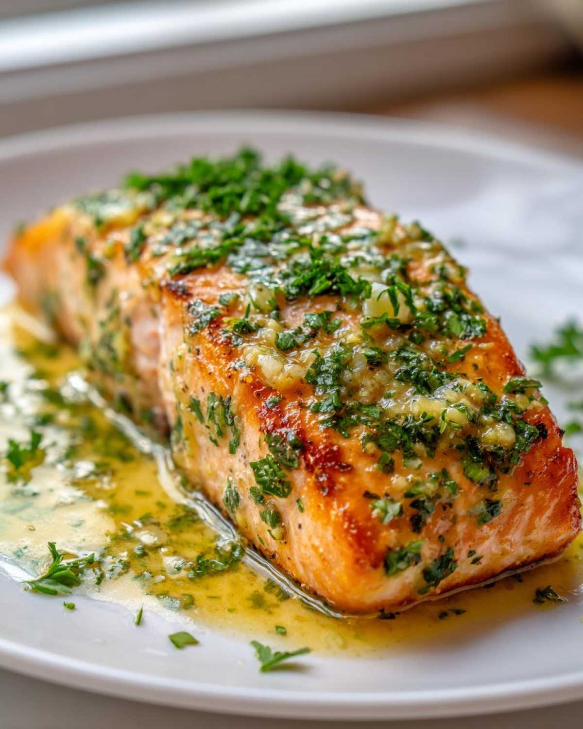 A close-up of a perfectly cooked fillet of Garlic Butter Salmon with Lemon Garlic Sauce, topped with herbs.