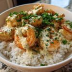 Close-up of a Garlic Butter Shrimp Rice Bowl topped with creamy garlic sauce and fresh parsley.