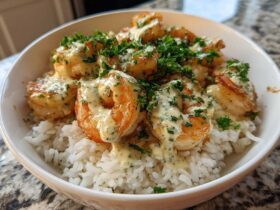 Close-up of a Garlic Butter Shrimp Rice Bowl topped with creamy garlic sauce and fresh parsley.