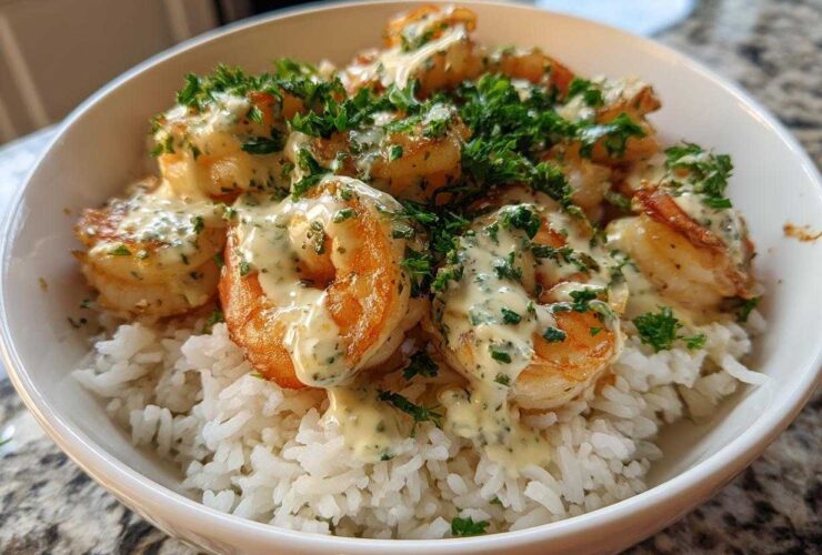 Close-up of a Garlic Butter Shrimp Rice Bowl topped with creamy garlic sauce and fresh parsley.