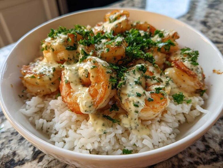 Close-up of a Garlic Butter Shrimp Rice Bowl topped with creamy garlic sauce and fresh parsley.