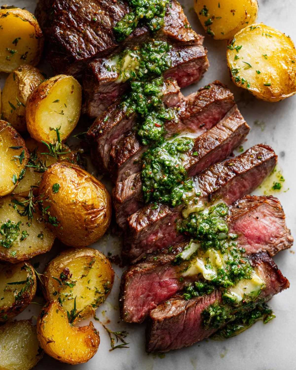Close-up of sliced Garlic Butter Steak and Potatoes topped with bright green herb sauce.