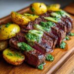 Close-up of sliced Garlic Butter Steak and Potatoes, topped with melting herb butter.