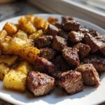 A white plate filled with golden crispy potatoes and glistening Garlic Butter Steak Bites, seasoned well.