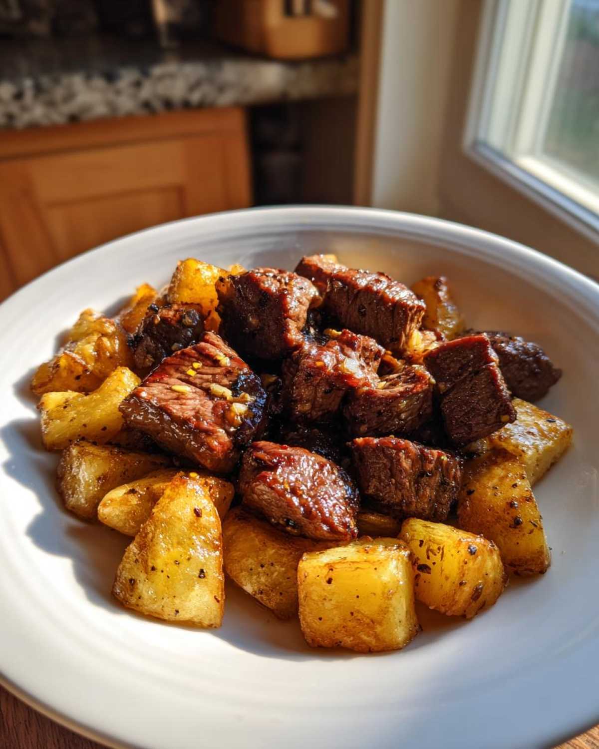 A white bowl filled with juicy Garlic Butter Steak Bites mixed with golden, crispy potatoes, bathed in sunlight.