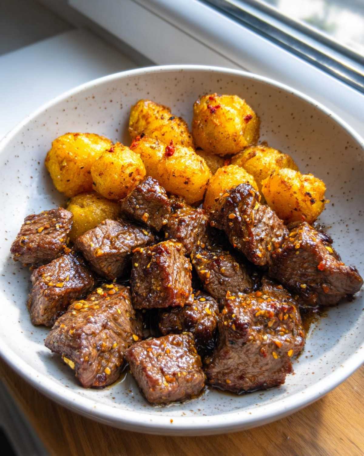 A bowl filled with glistening Garlic Butter Steak Bites and golden crispy potatoes seasoned with chili flakes.