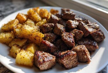 A white plate filled with golden crispy potatoes and glistening Garlic Butter Steak Bites, seasoned well.