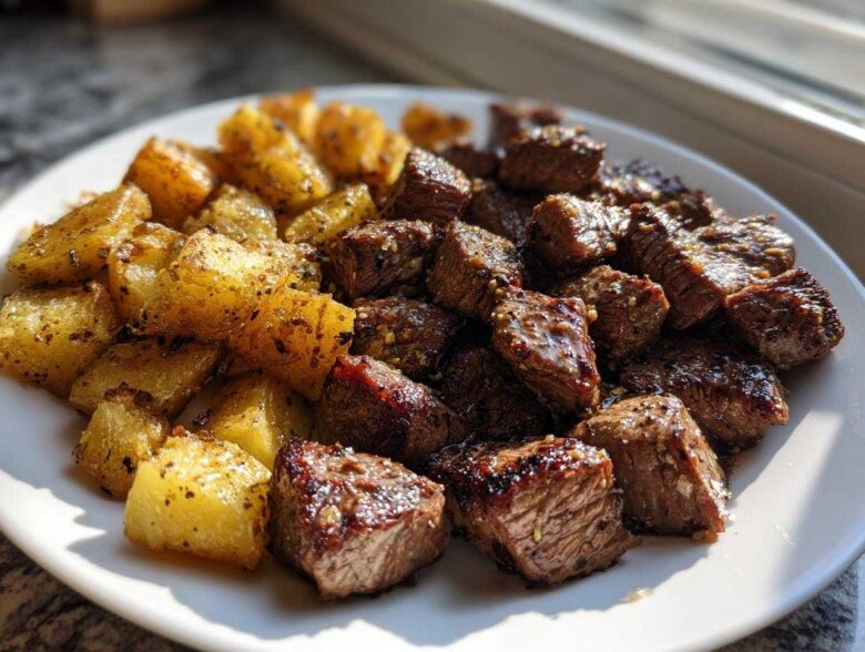 A white plate filled with golden crispy potatoes and glistening Garlic Butter Steak Bites, seasoned well.