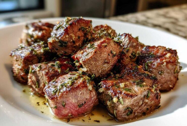 Close-up of perfectly seared Garlic Butter Steak Bites with a juicy pink center, glistening in butter sauce and herbs.
