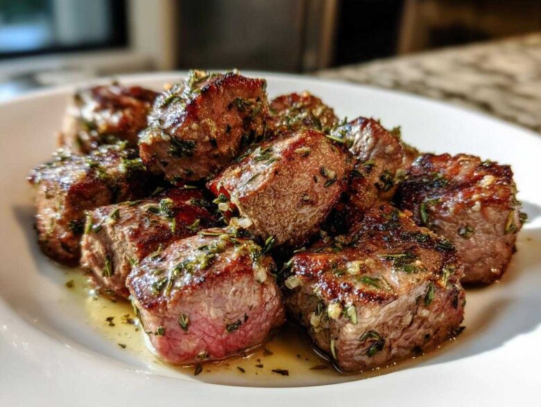 Close-up of perfectly seared Garlic Butter Steak Bites with a juicy pink center, glistening in butter sauce and herbs.