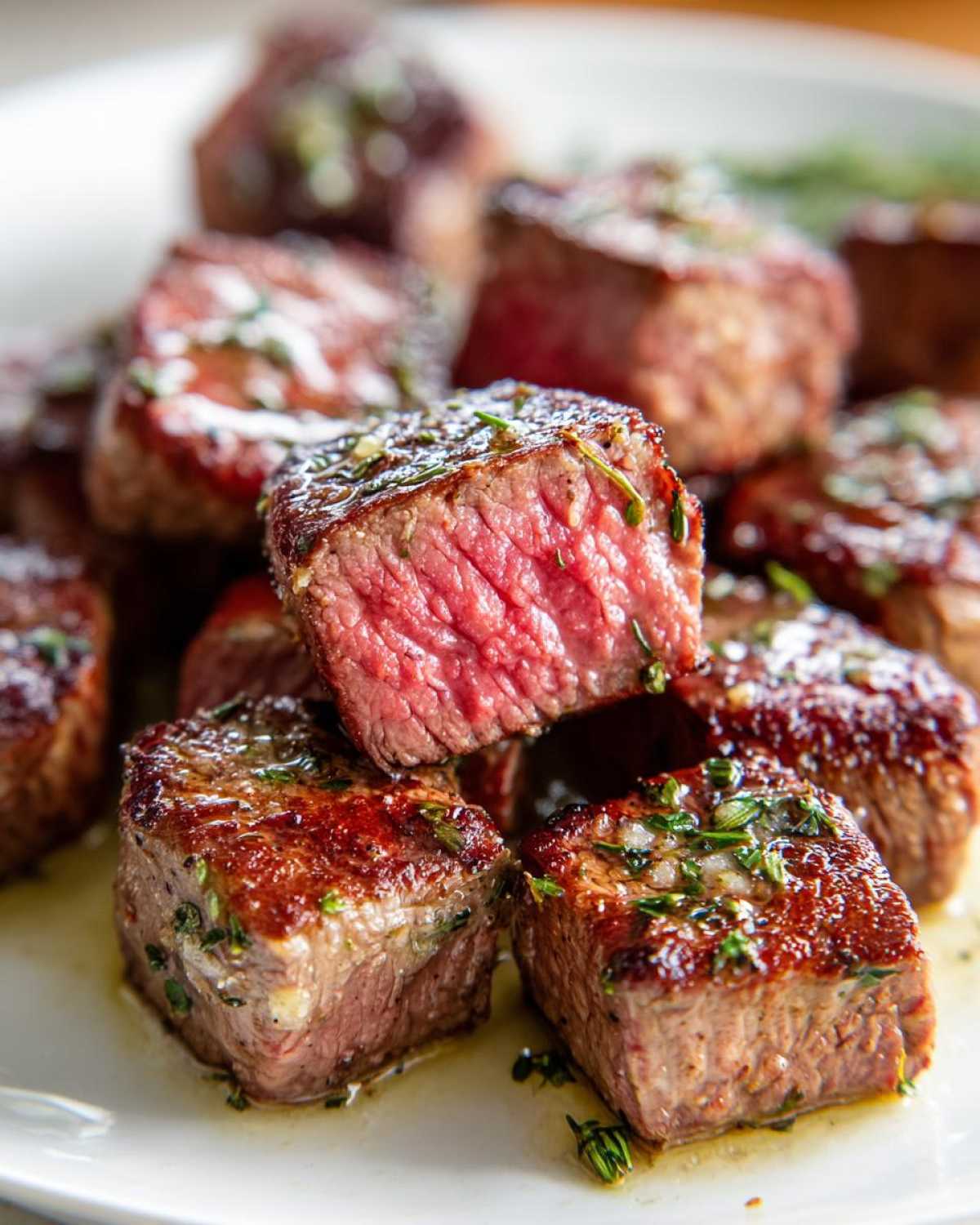 Close-up of perfectly cooked Garlic Butter Steak Bites showing a juicy, medium-rare center and browned exterior.