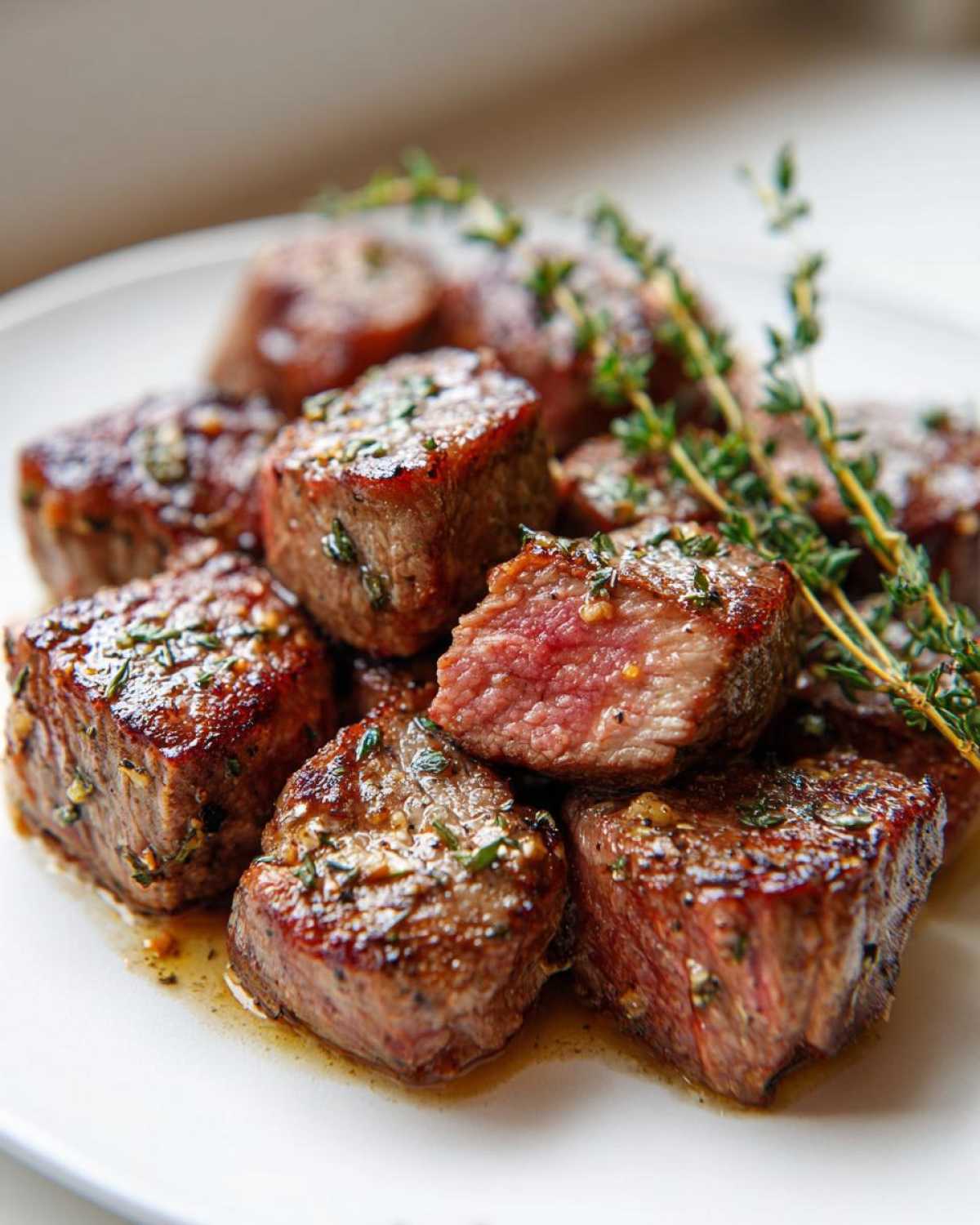 Close-up of perfectly cooked Garlic Butter Steak Bites with a juicy center, garnished with fresh thyme.