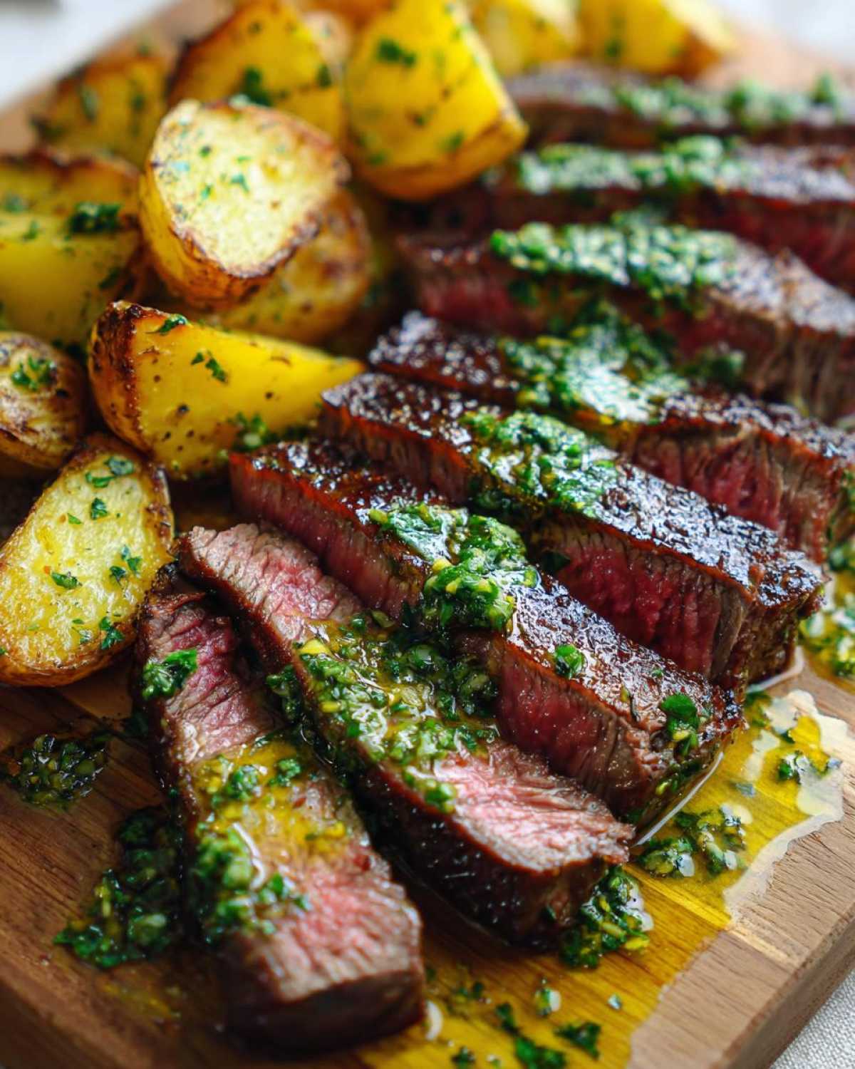 Slices of medium-rare Garlic Butter Steak and Potatoes with Herb Sauce served on a wooden board.