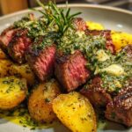 Perfectly cooked Garlic Butter Steak and Potatoes with Herb Sauce, sliced medium-rare and garnished with rosemary.