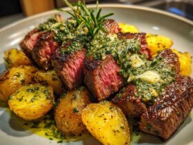 Perfectly cooked Garlic Butter Steak and Potatoes with Herb Sauce, sliced medium-rare and garnished with rosemary.